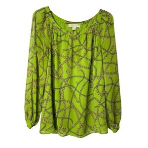 Michael Michael Kors Bright Green & Gold Long Sleeve Chain Print Womens M Blouse